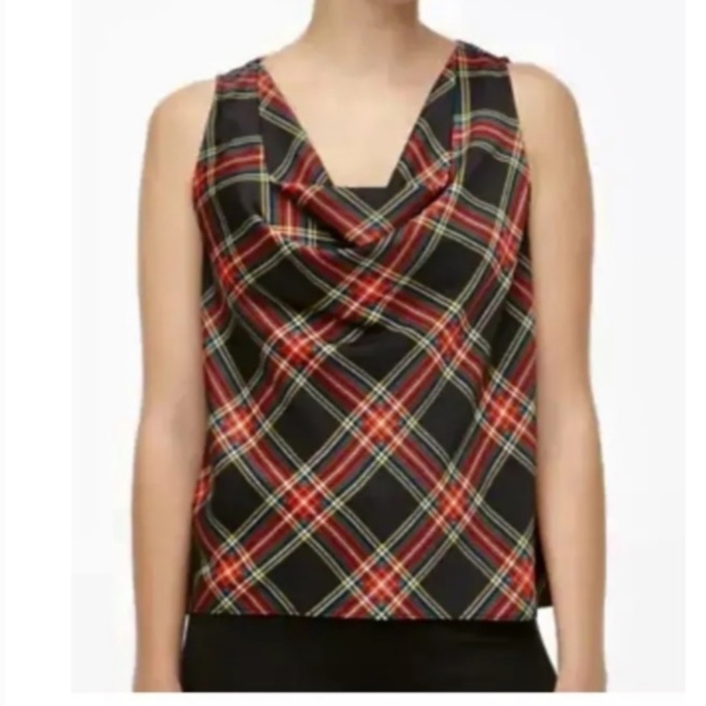 J. Crew Cowl Neck plaid Sleeveless Top - Black/Red Holiday XL Preppy